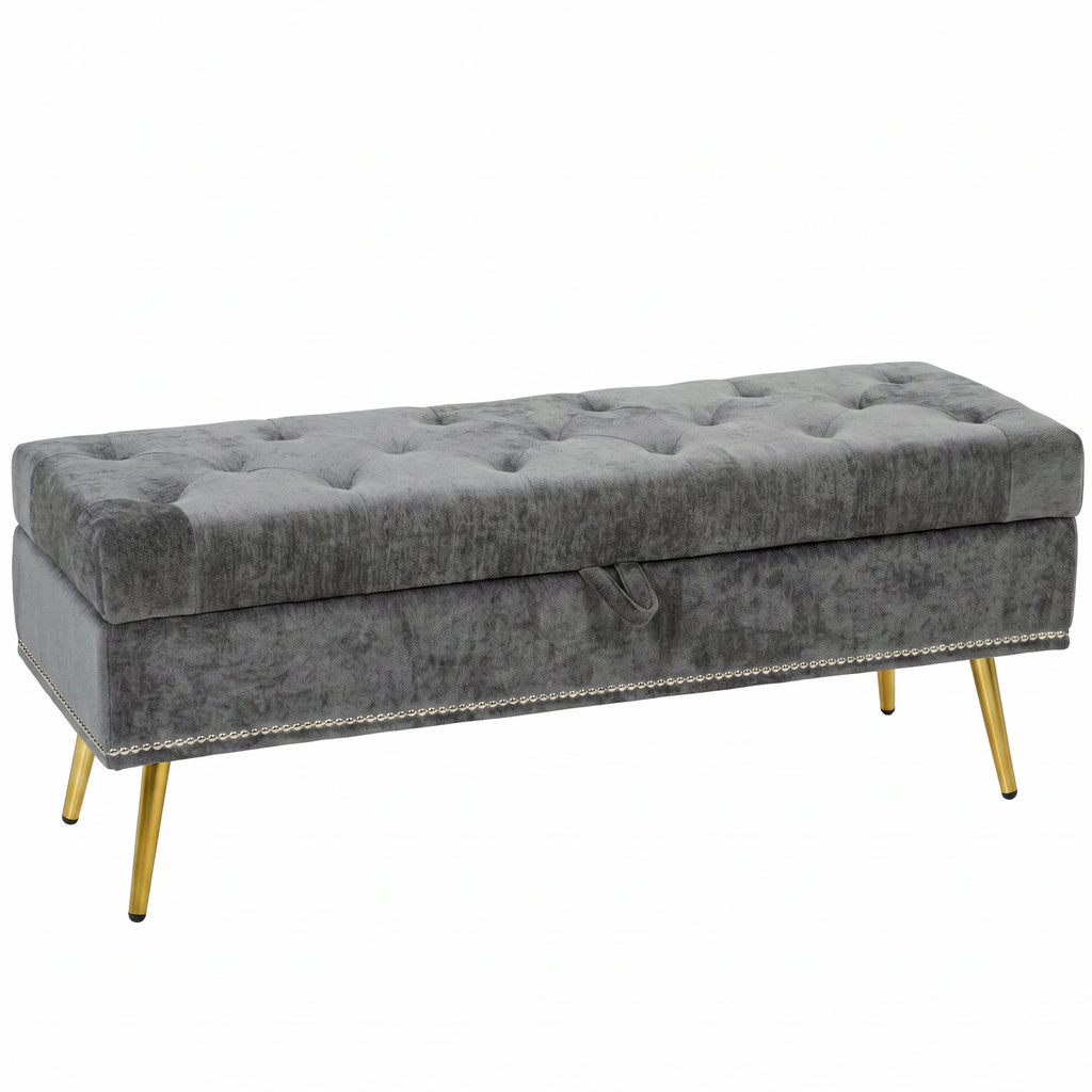 Storage Ottoman, Chenille Upholstered Ottoman Storage Box with Padded Seat, Metal Legs, 114 x 41 x 45 cm, Grey