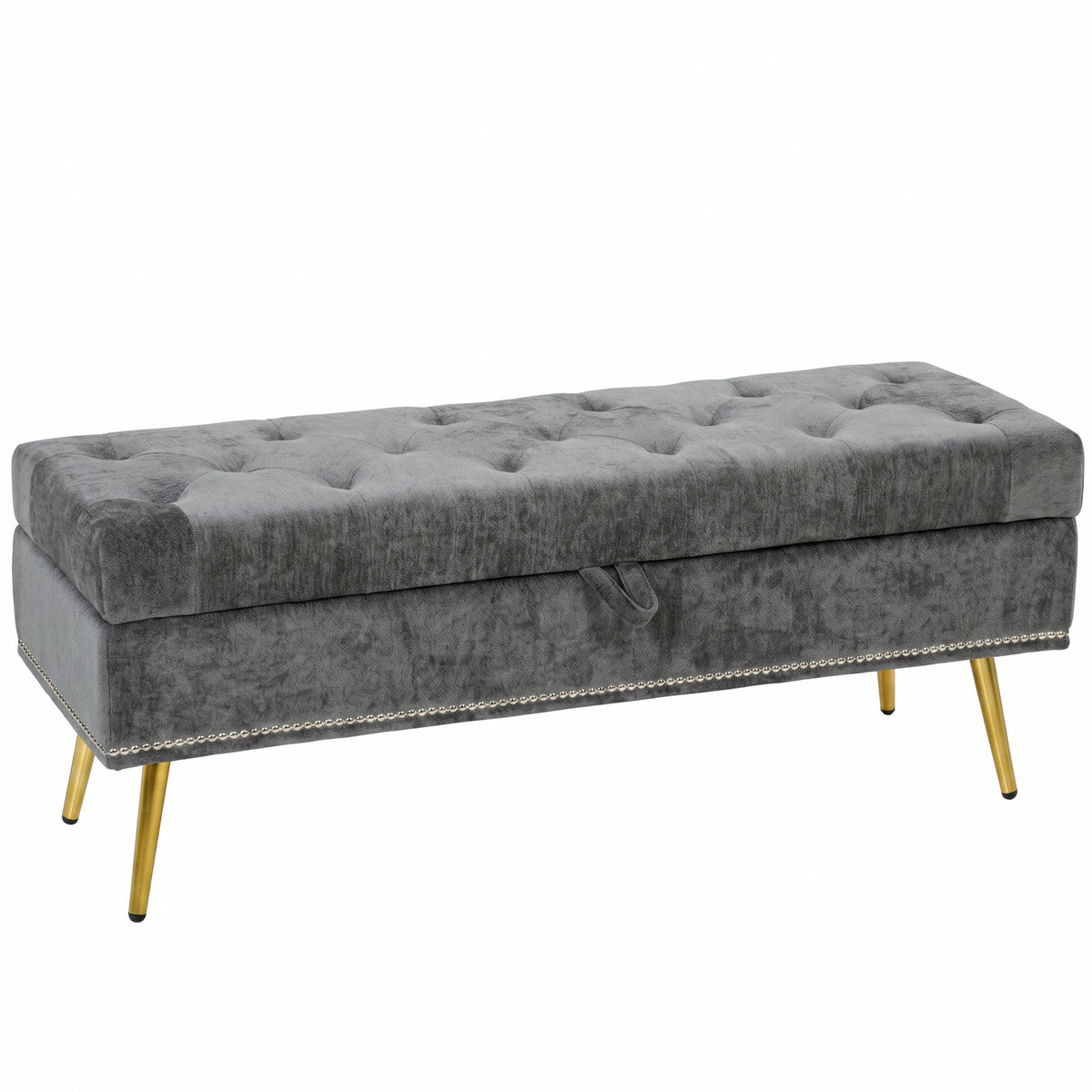 114 cm Chenille Storage Ottoman Bench with Metal Legs – Grey