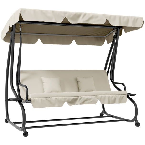 Cream 3-seater garden swing bed with adjustable canopy, cup holders and pillows