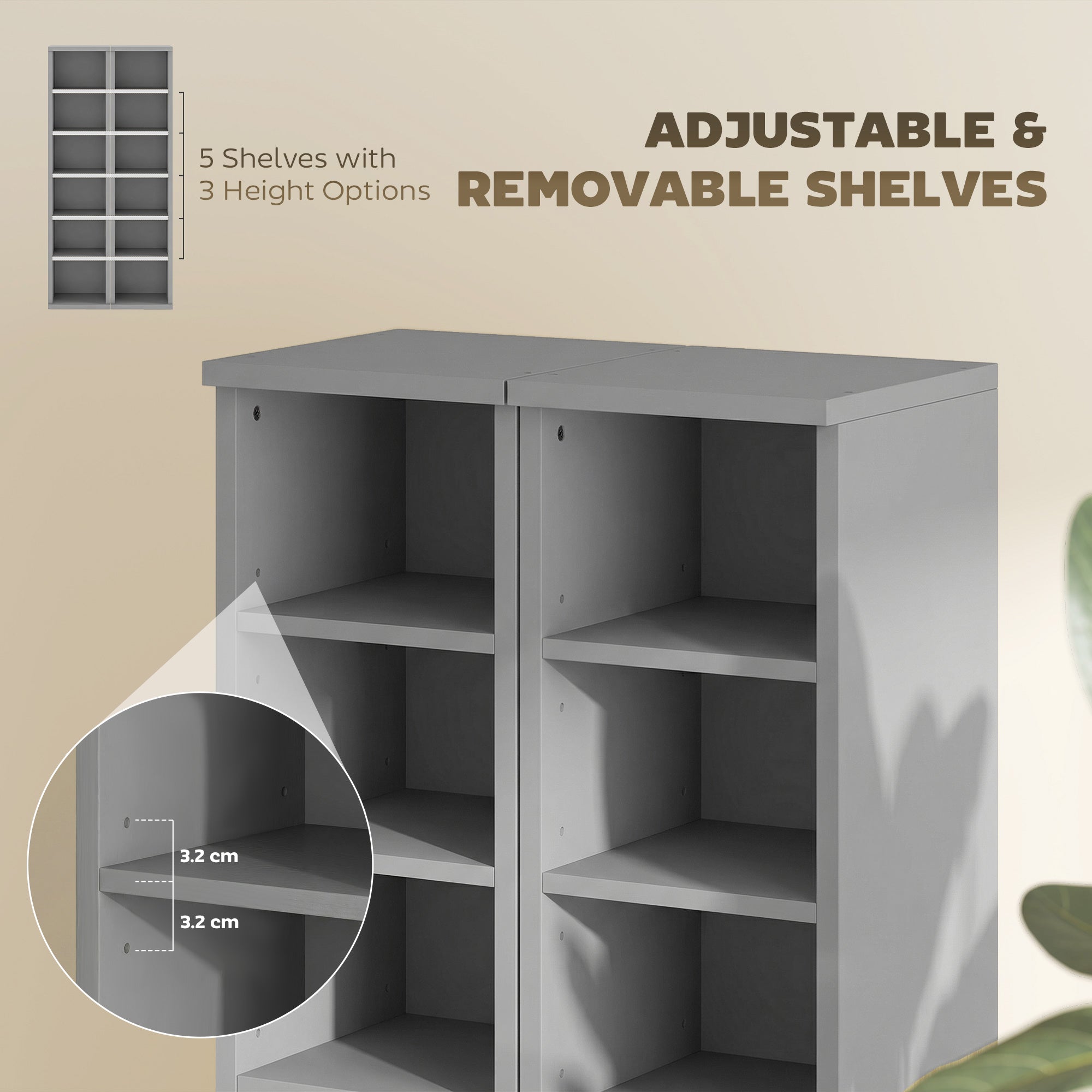 Set of 2 CD Media Display Shelf Unit Tower Rack with Adjustable Shelves, Light Grey