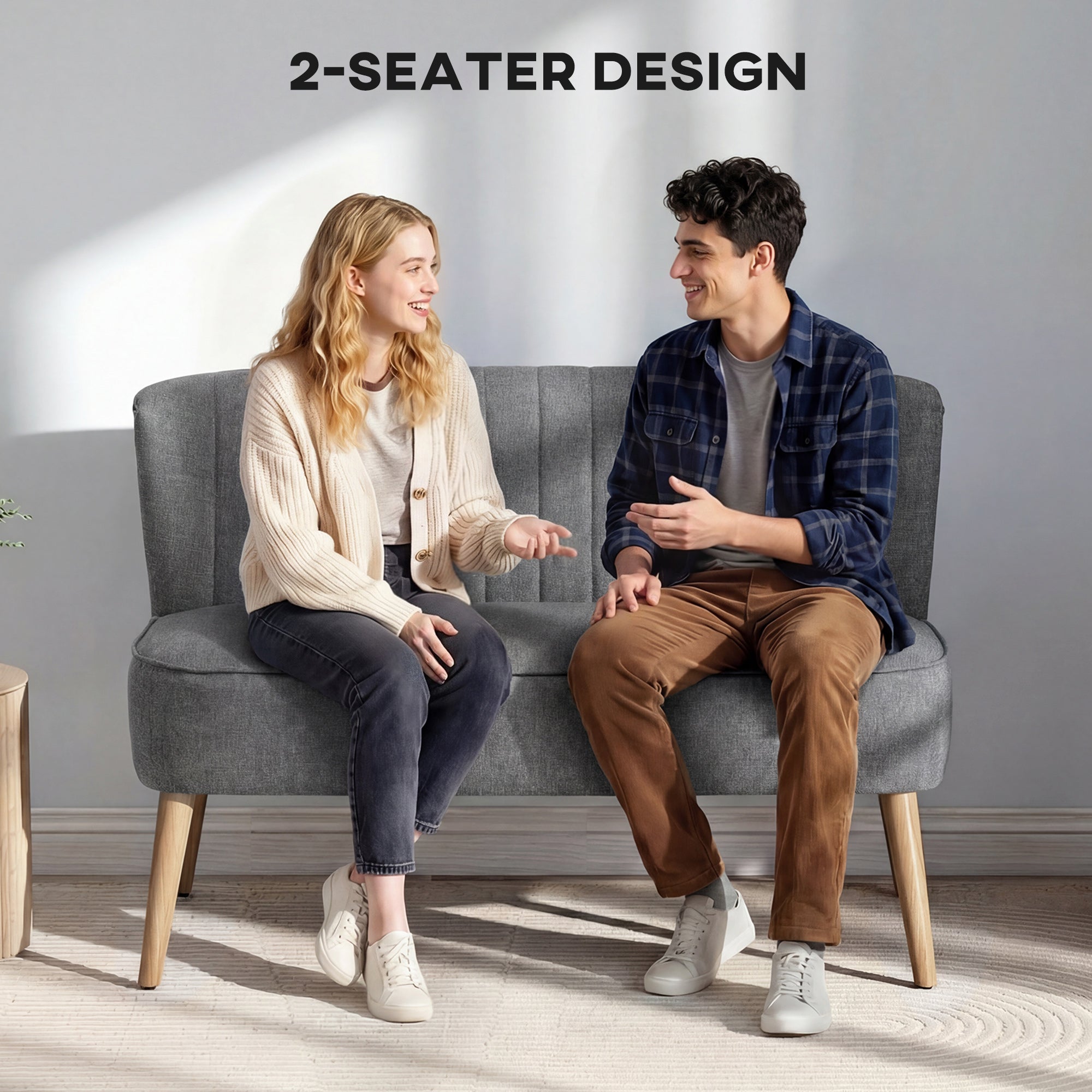 117cm Loveseat Sofa Upholstered Small 2 Seater Sofa with Thick Padded Seat and Rubber Wood Legs, Grey