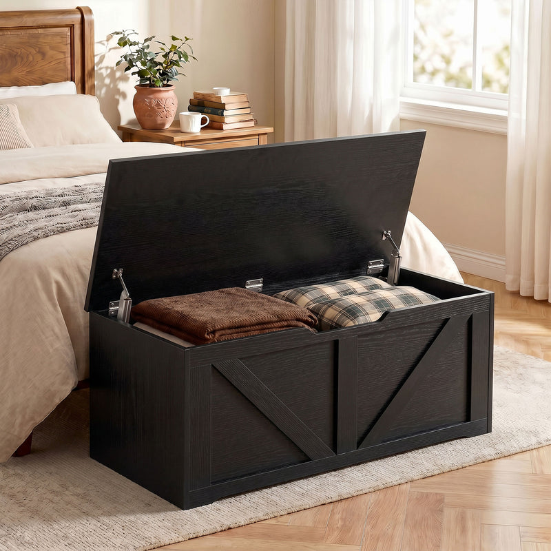 HOMCOM 127L Home Storage Box, with Safety Hinges - Black Wood-Effect – view 2