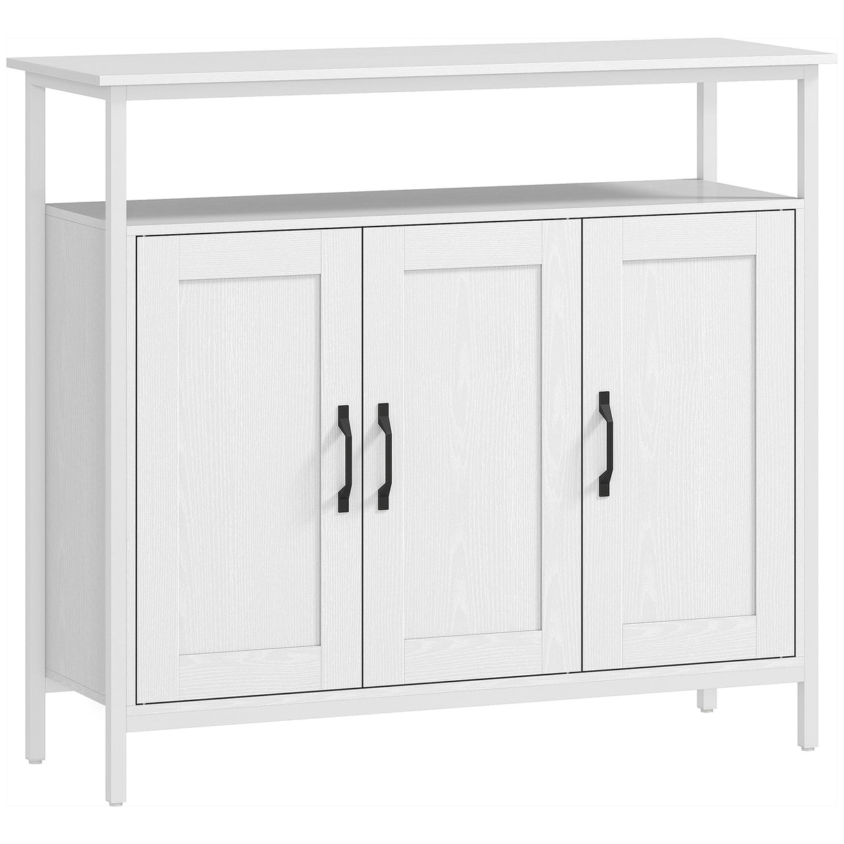 White industrial sideboard with open shelf, two cabinets and metal frame