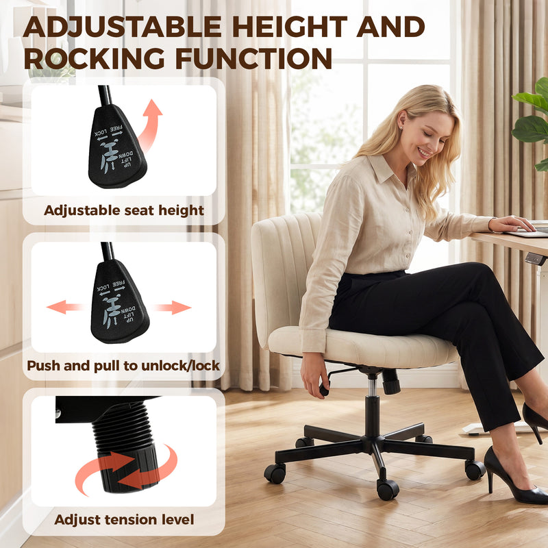 HOMCOM Imitation Linen Criss Cross Legged Desk Chair, Armless Office Chair with Wheels, Cream – view 7