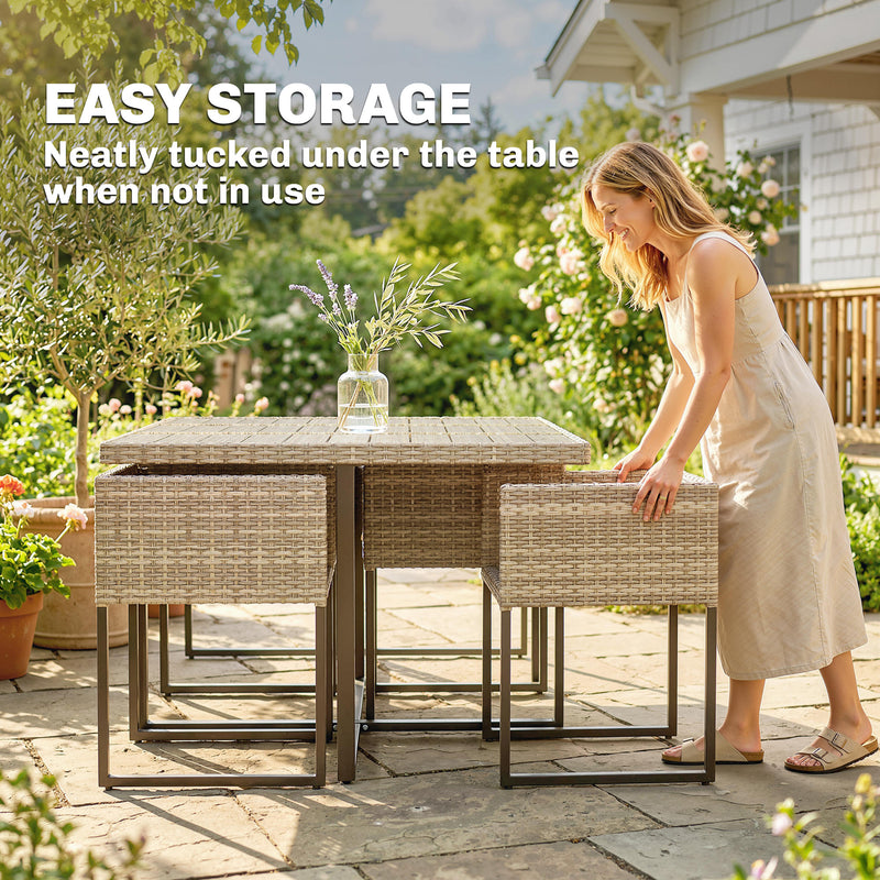 Outsunny 7 Piece Rattan Garden Furniture Set, Garden Dining Set with Wood-Plastic Table and 6 Stackable Chairs, Light – view 5