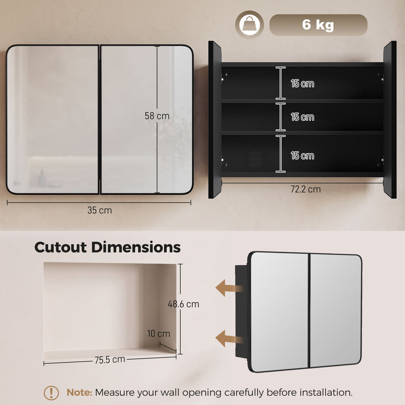 HOMCOM 76.2 x 11.6 x 61 cm Bathroom Mirror Cabinet, Wall Cabinet with Adjustable Shelves, Wall-Mounted or Recessed – view 3