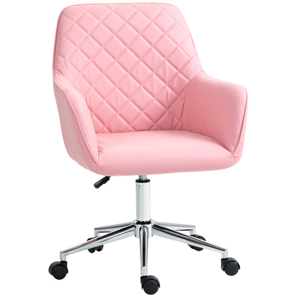 Pink leather-feel fabric swivel desk chair with padded arms and silver wheeled base