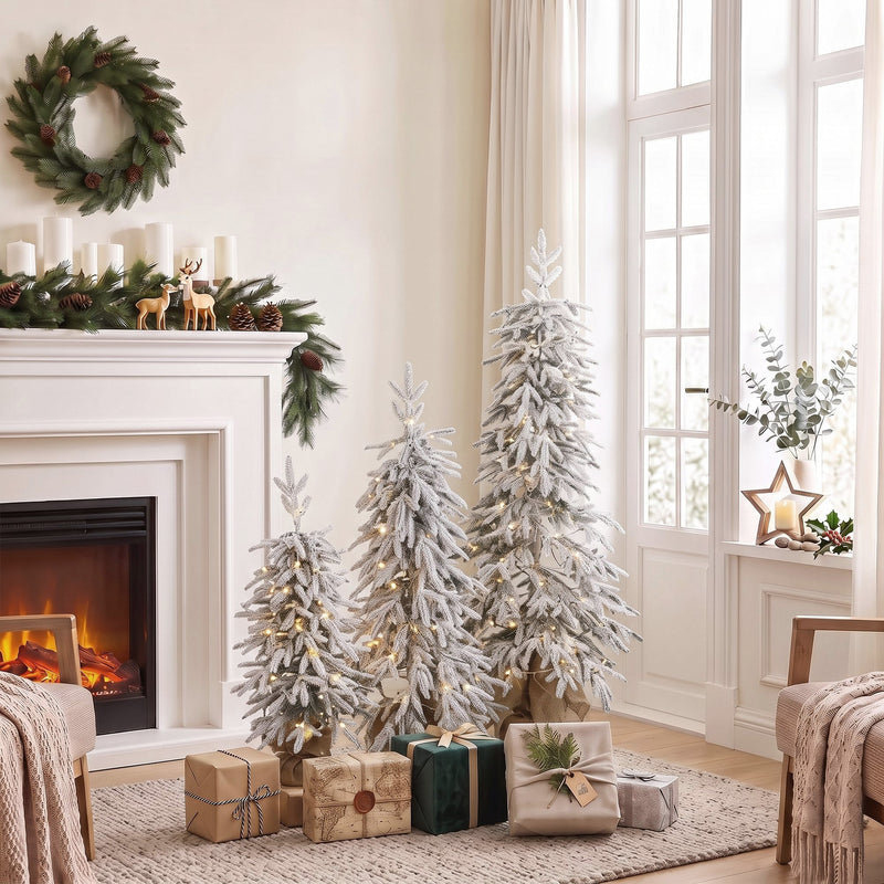 Set of 3 pre-lit flocked pencil trees, PE tips – image 2