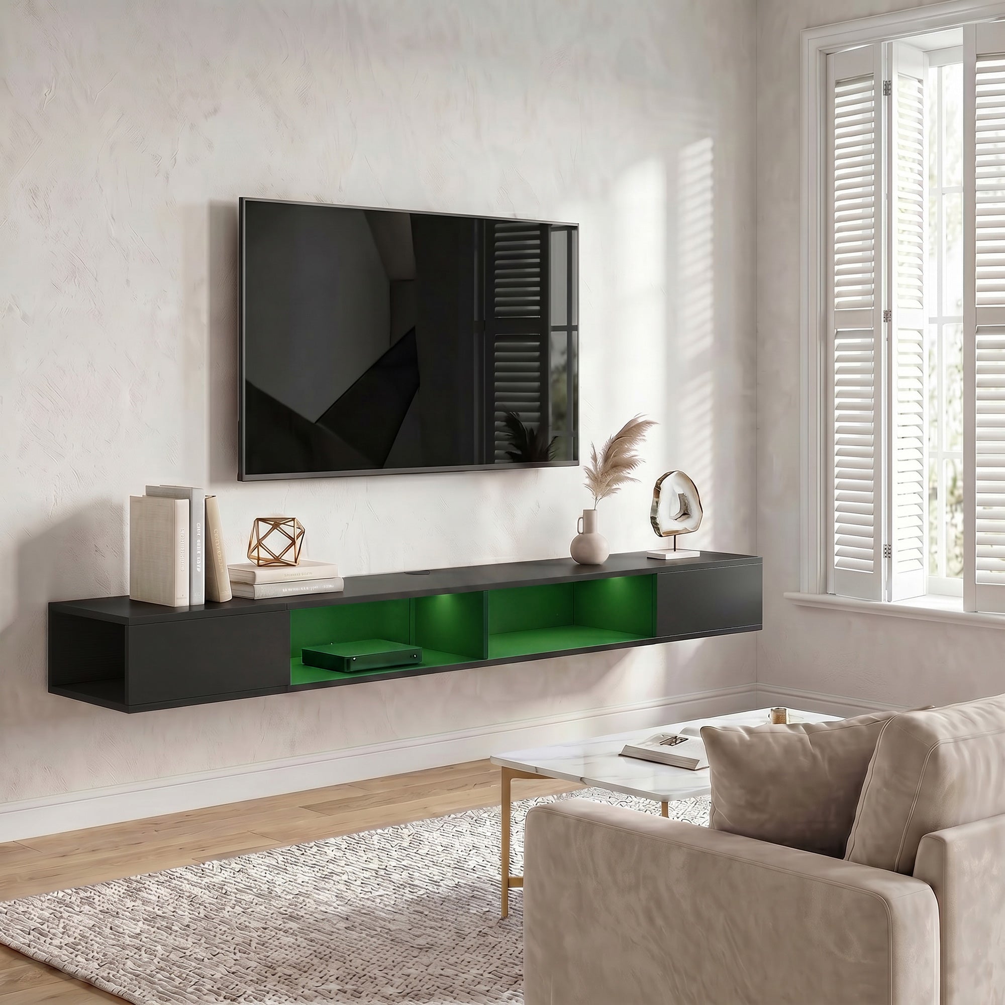 Wall Mounted TV Stand with RGB LED Lights, Floating Entertainment Centre for 75 Inch TV, Black