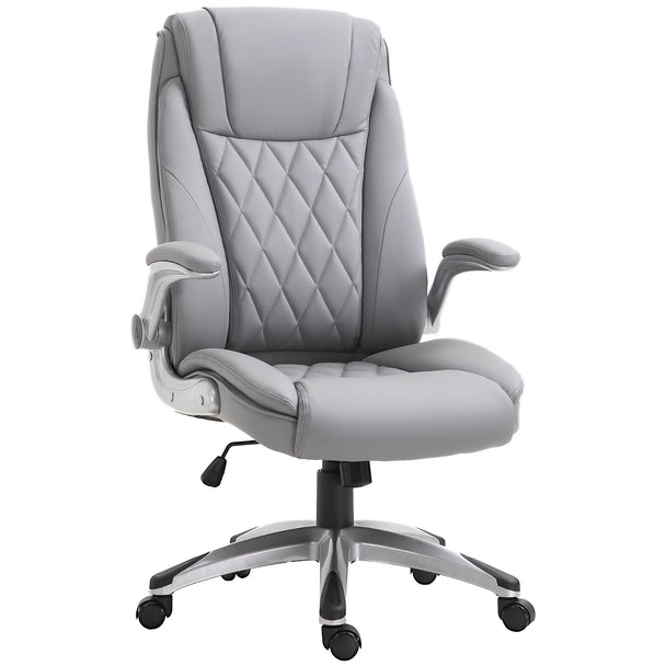 Grey faux leather high-back executive office chair with headrest, padded armrests and five castors