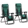 Set of 2 green and black folding zero gravity recliner chairs with cup holder trays