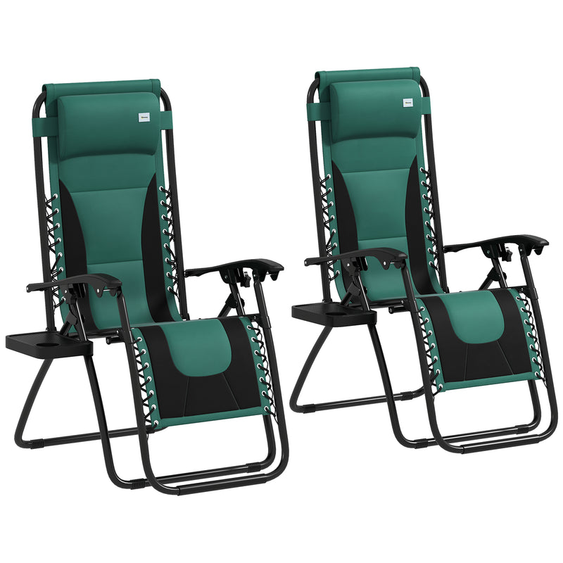 Set of 2 green and black folding zero gravity recliner chairs with cup holder trays