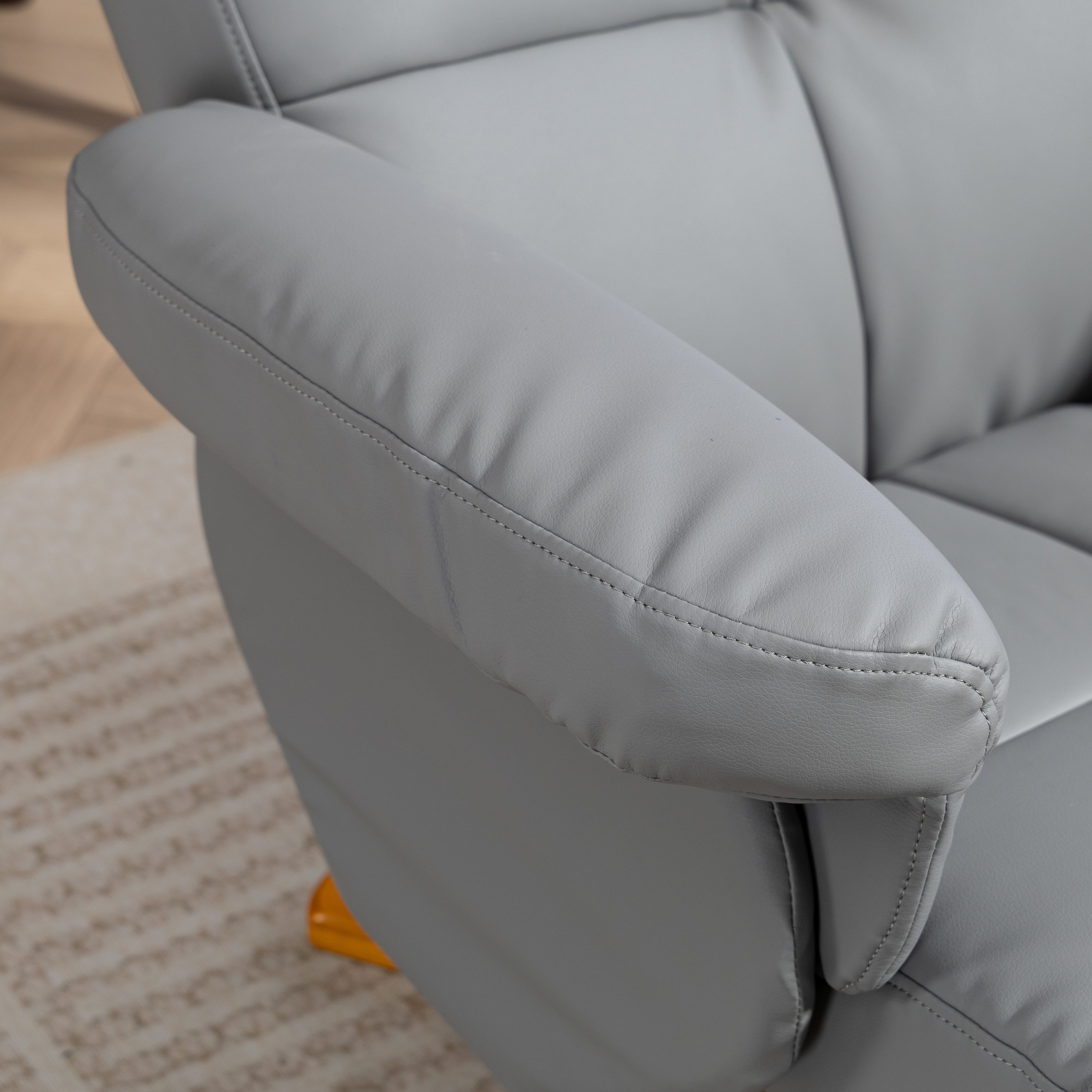 PU Leather Swivel Recliner Chair with Footstool, Wooden Base and Storage for Living Room, Light Grey