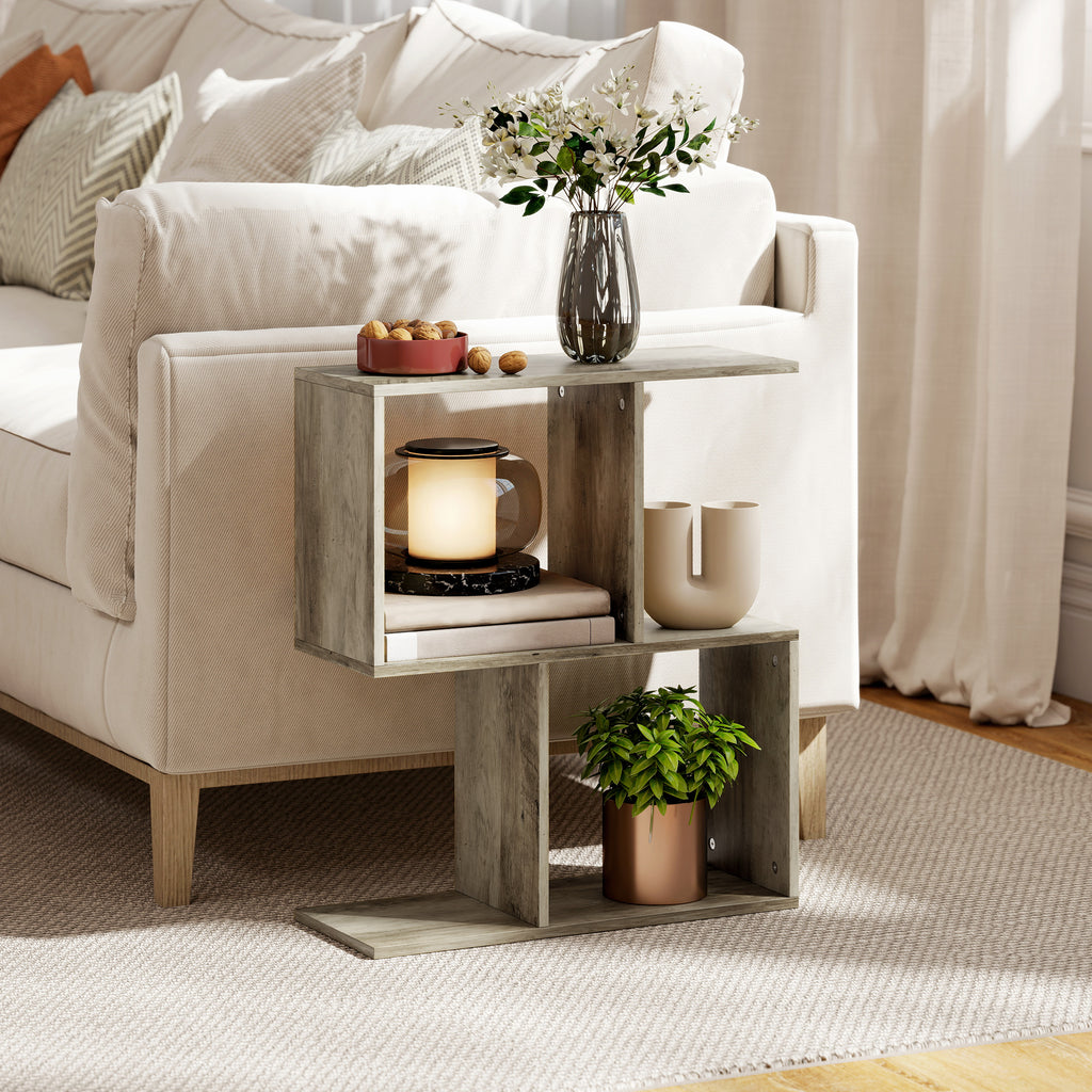 Side Table, Narrow End Table with Storage Shelves, S-Shaped, 3-Tier, 50W x 19.5D x 58H cm, Grey