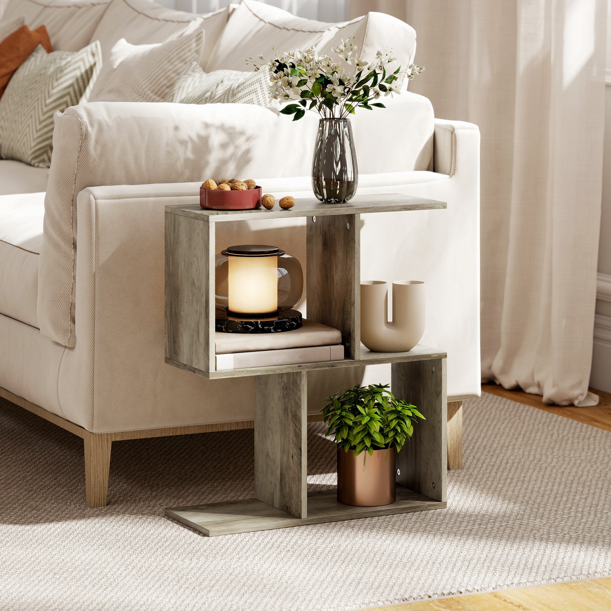 Side Table, Narrow End Table with Storage Shelves, S-Shaped, 3-Tier, 50W x 19.5D x 58H cm, Grey