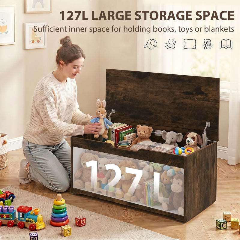 HOMCOM 127L Home Storage Box, with Safety Hinges - Rustic Brown Wood-Effect – view 4