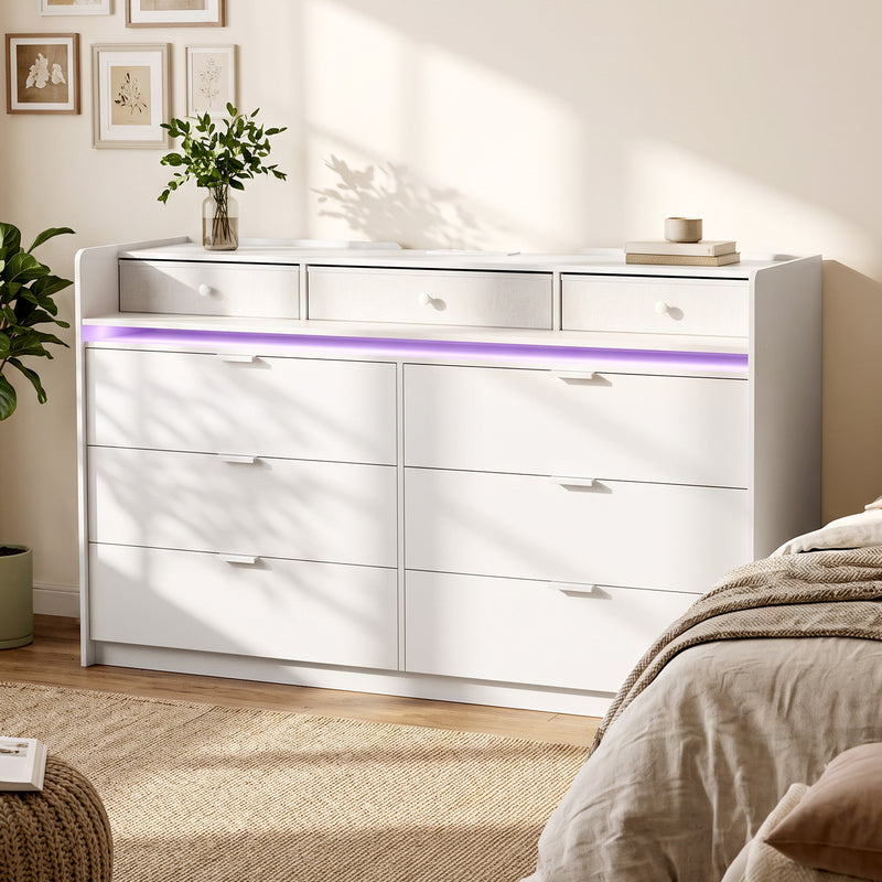HOMCOM Chest of Drawers for Bedroom with LED Light & Charging Station, 9 Drawers Storage Unit/TV Stand, White – view 9