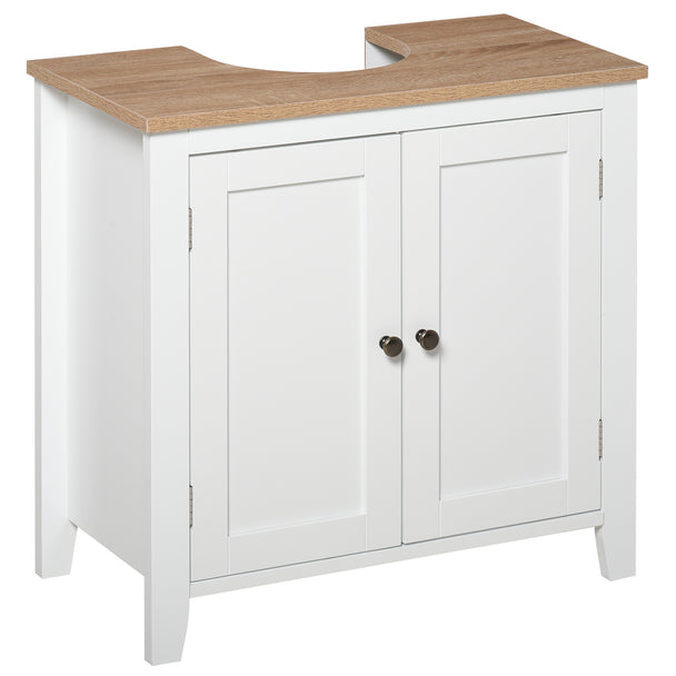 White pedestal under sink cabinet with two doors, U-shaped pipe cut-out and wood-effect top