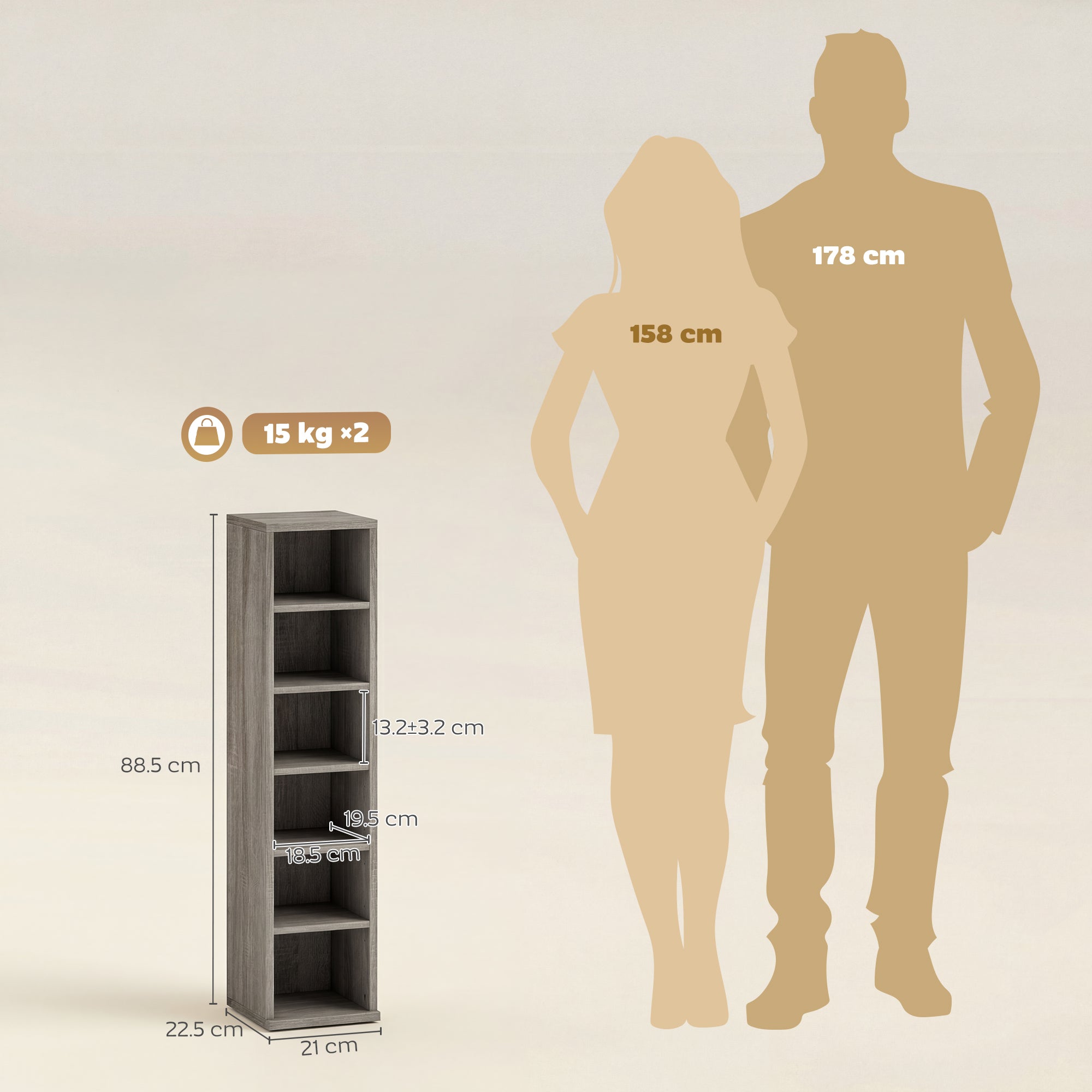 Set of 2 CD Media Display Shelf Unit Tower Rack with Adjustable Shelves, Distressed Grey