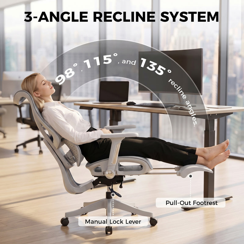 HOMCOM Ergonomic Office Chair with Lumbar Support, Mesh Reclining Desk Chair with Footrest, Adjustable High Back, Grey – view 5