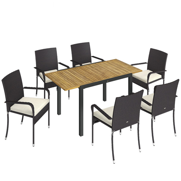 6-seater brown PE rattan garden dining set with extendable acacia wood table and six cream-cushioned stackable armchairs