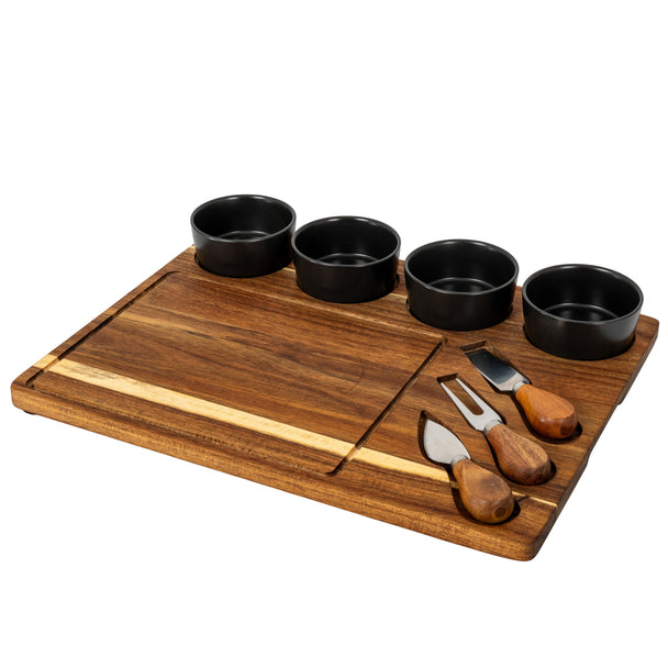 Acacia cheese board set from an angle
