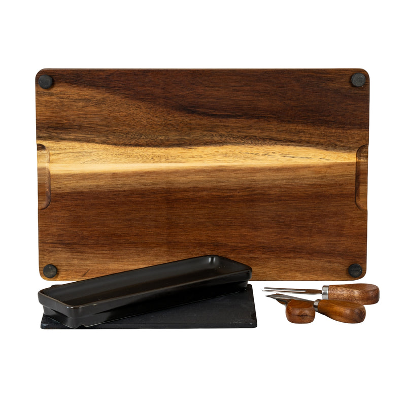 Underside of the acacia board with the pieces in front