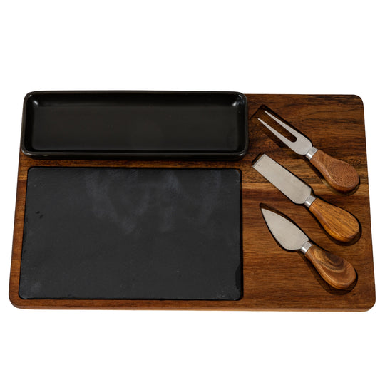 Acacia cheese board set with slate, black dish and three knives