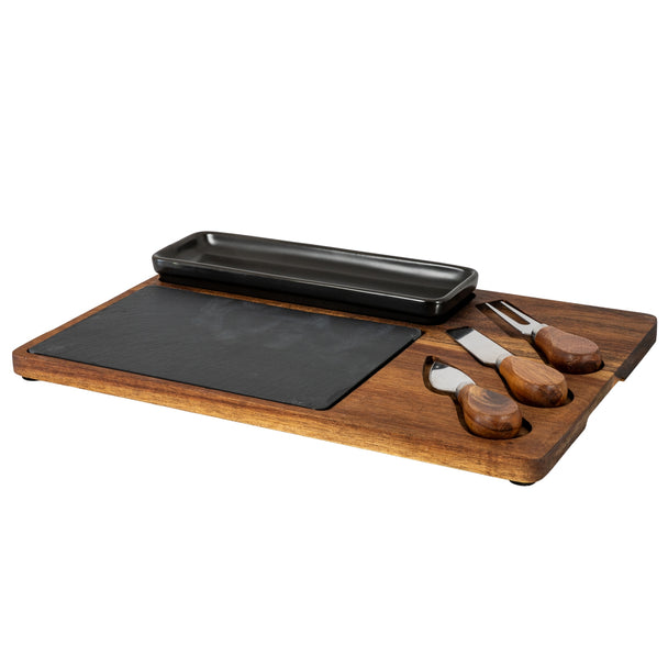 Acacia cheese board set from a low angle
