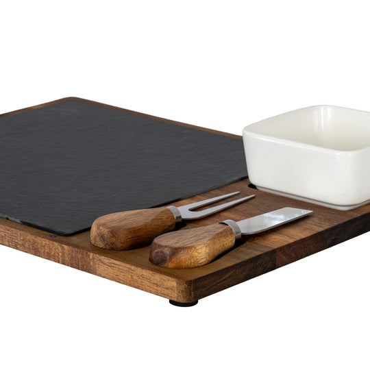 Acacia cheese board set from a lower angle showing the slate and bowl