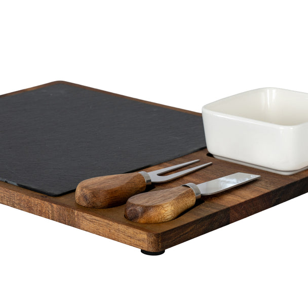 Acacia cheese board set from a lower angle showing the slate and bowl
