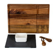 Acacia board with the slate, bowl, knife and fork laid out beside it