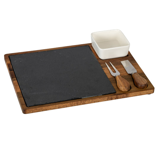 Acacia cheese board set with slate, white bowl, knife and fork in place