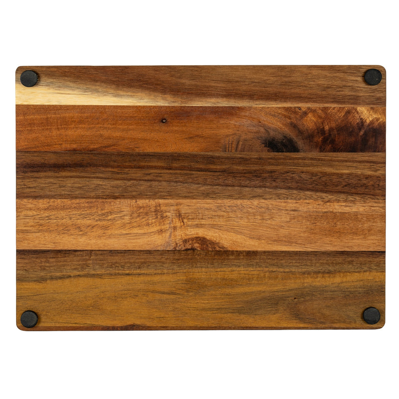 Acacia cheese board side view showing the wood grain