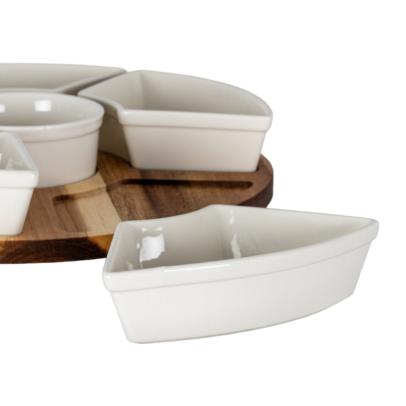 Acacia Wood Lazy Susan with 7 Ceramic Serving Bowls – 29cm, ceramic bowl lifted from the acacia base