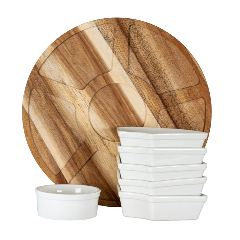 Acacia Wood Lazy Susan with 7 Ceramic Serving Bowls – 29cm, acacia base and ceramic bowls laid out separately