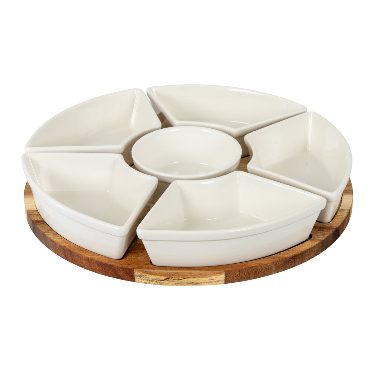 Acacia Wood Lazy Susan with 7 Ceramic Serving Bowls – 29cm, acacia lazy Susan with white ceramic bowls