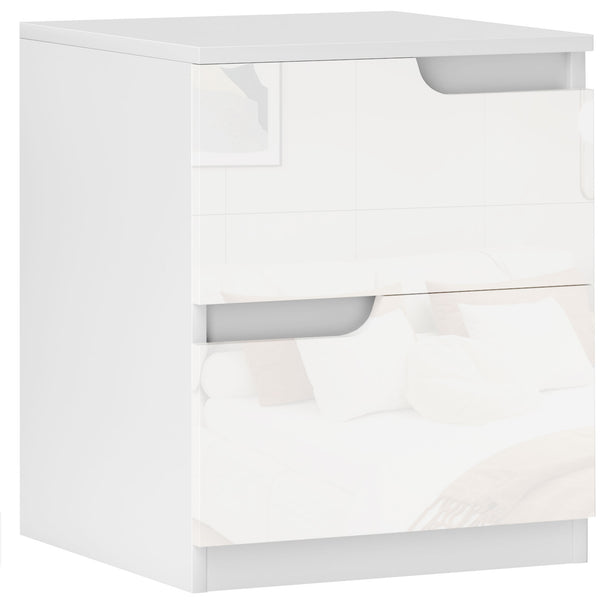 White high gloss bedside table with two handle-free drawers