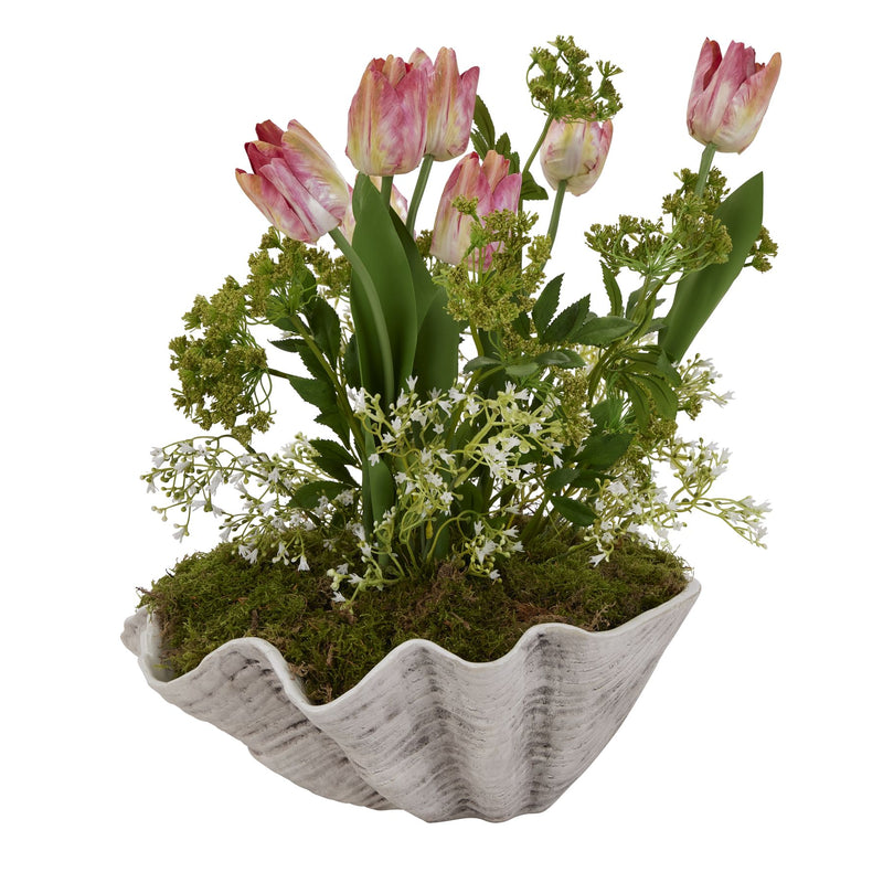 Adele shell bowl planted with pink tulips and greenery