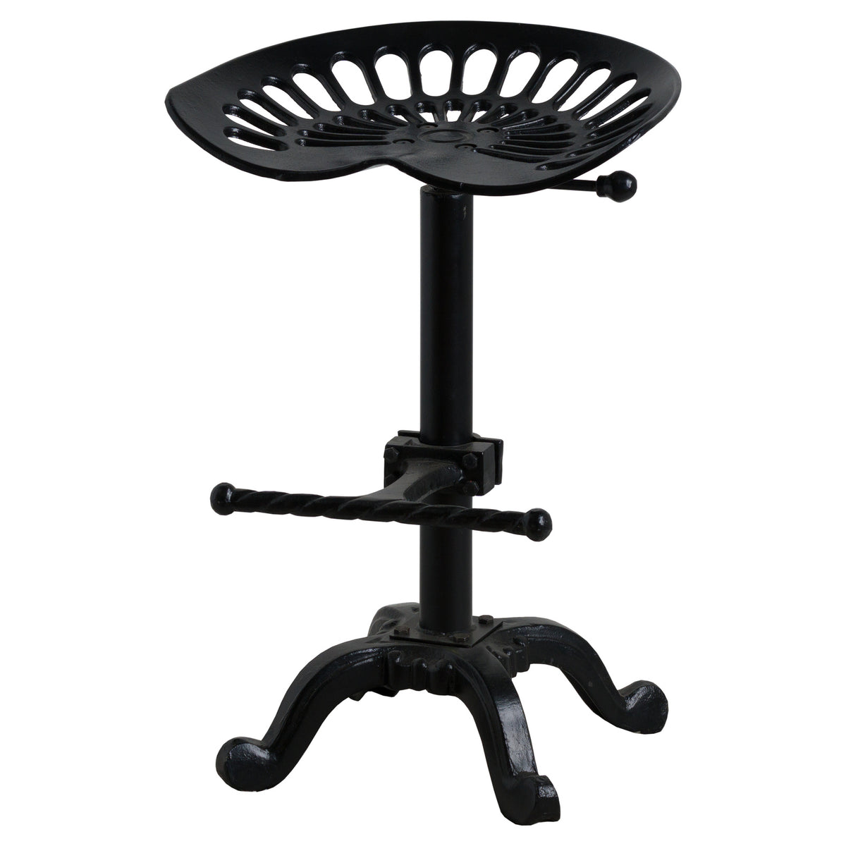 Black metal adjustable tractor seat stool on a white background