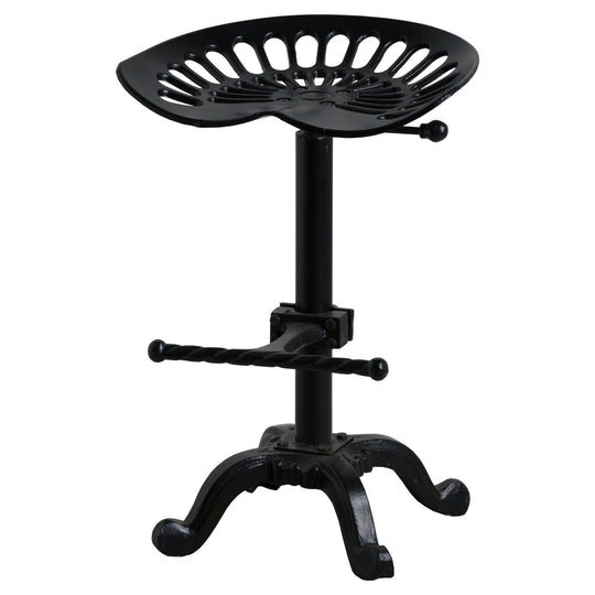 Black metal adjustable tractor seat stool on a white background