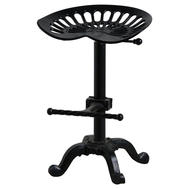 Black metal adjustable tractor seat stool on a white background