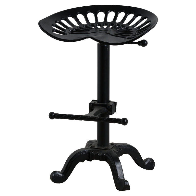 Black metal adjustable tractor seat stool on a white background