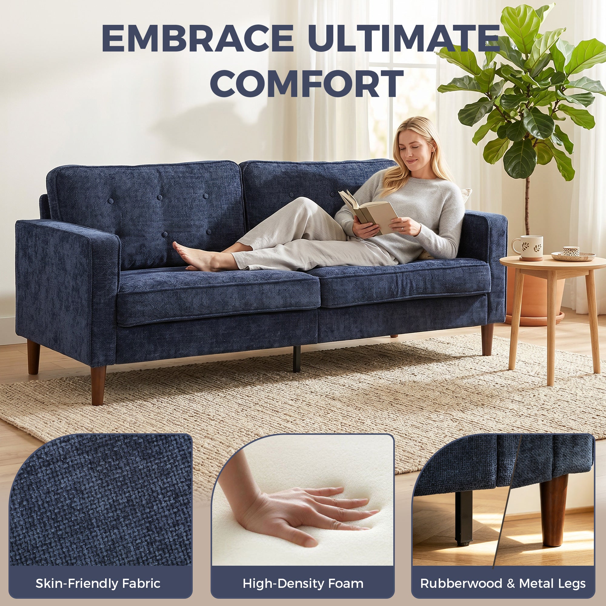 3 Seater Sofa Button Tufted Upholstered Couch with Wood Legs for Living Room, Dark Blue