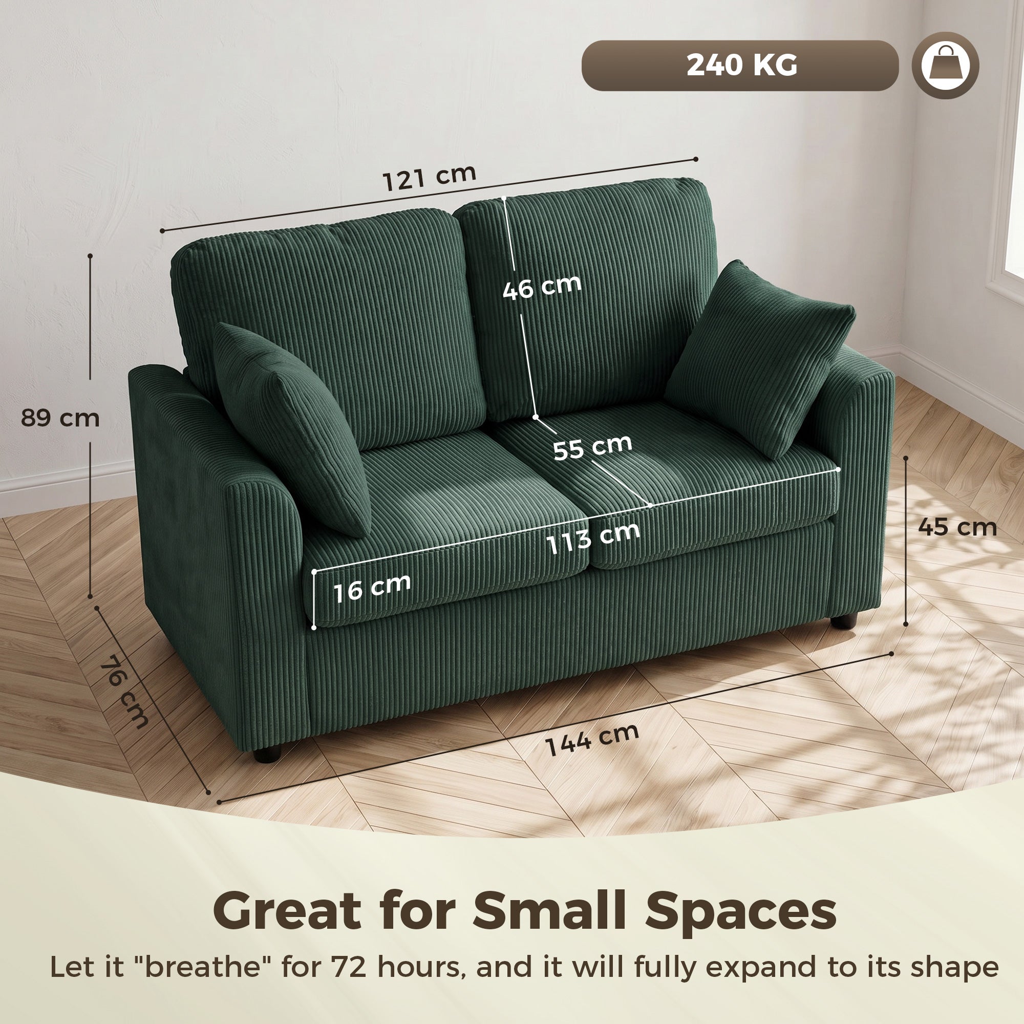 2 Seater Sofa, Corduroy Small Couch with Spring Cushion, Wide and Deep Seat, Dark Green