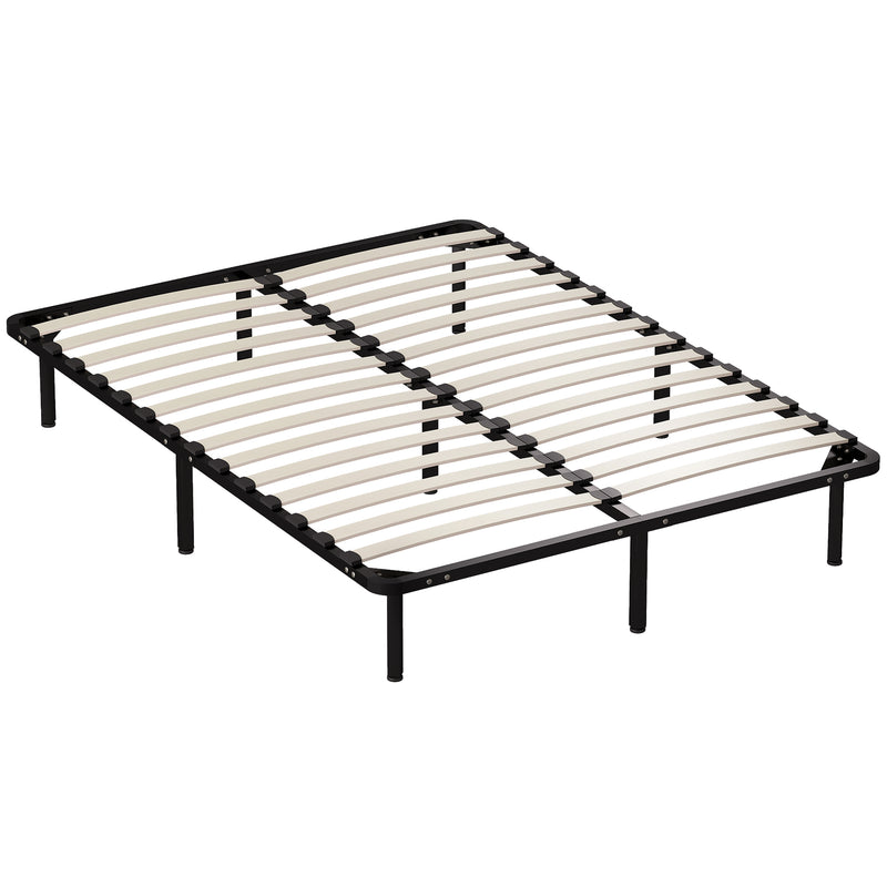 Black steel double platform bed frame with natural poplar wood slats