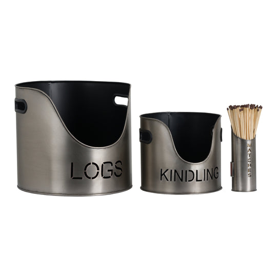 Pewter log bucket, kindling bucket and matchstick holder together