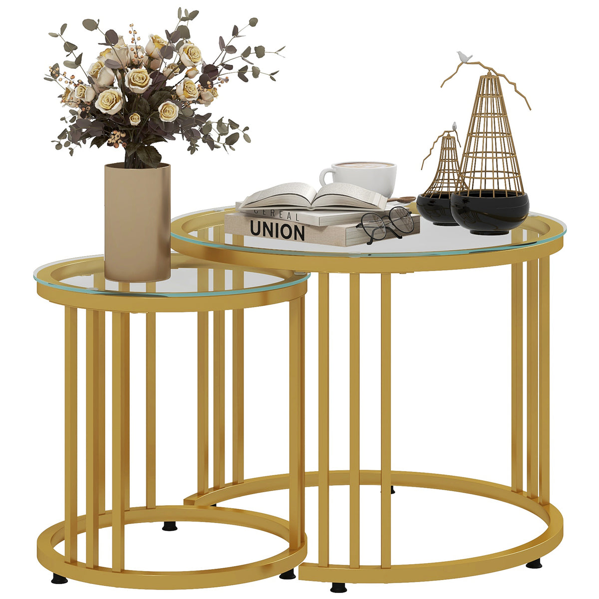 Set of 2 Round Tempered Glass Nesting Tables – Gold Tone