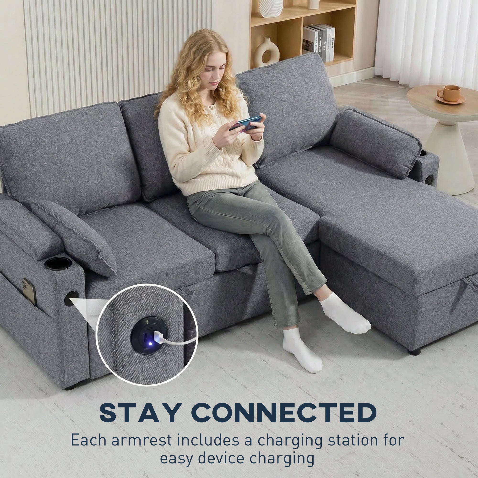 Corner Sofa Bed, L Shaped Sleeper Sectional Sofa with Reversible Storage Chaise, Grey