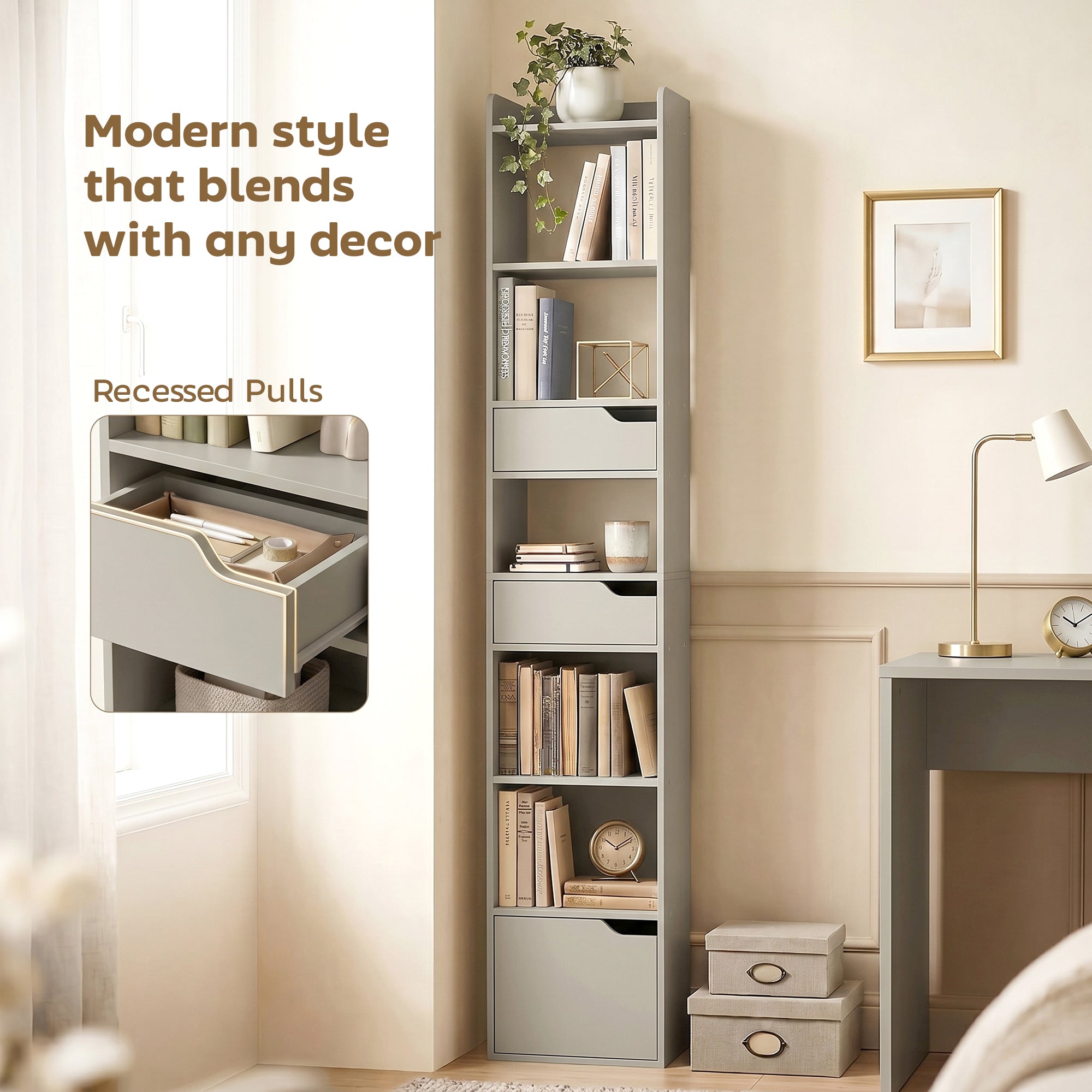 Bookcase Tall Narrow with 5 Tiers and Drawers Freestanding Bookshelf Storage Cabinet for Living Room Grey